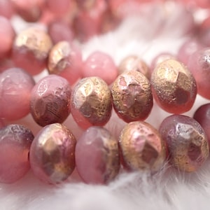 23 Pcs Pink Rosewood Czech Glass Fire Polished Beads - Metallic Copper Etched Finish - 7x5mm Faceted Glass Beads - Rondelle Beads #S7997