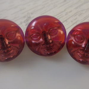 1 Dark Red Czech Glass Button 16x10mm Small Round Clear Dark Red Moon Face Carved Moon Face Dark Red Clear Button Face Glass Dark Red #T1485