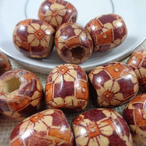 12 Large Round Geometric Floral Pattern Painted Wood Beads 16mm Round Tan Beige Brown Large Hole Geometric Wood Beads Big Hole Beads #S4732