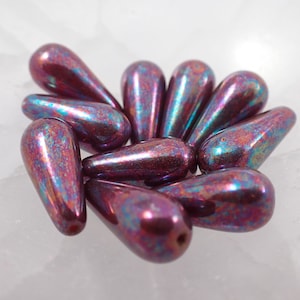 10 Pcs Czech Glass Teardrop Shaped Beads - Purple Blue Metallic Opaque - Long Tear Drop Glass - Purple Blue Dangle Drop Glass Beads #S8129