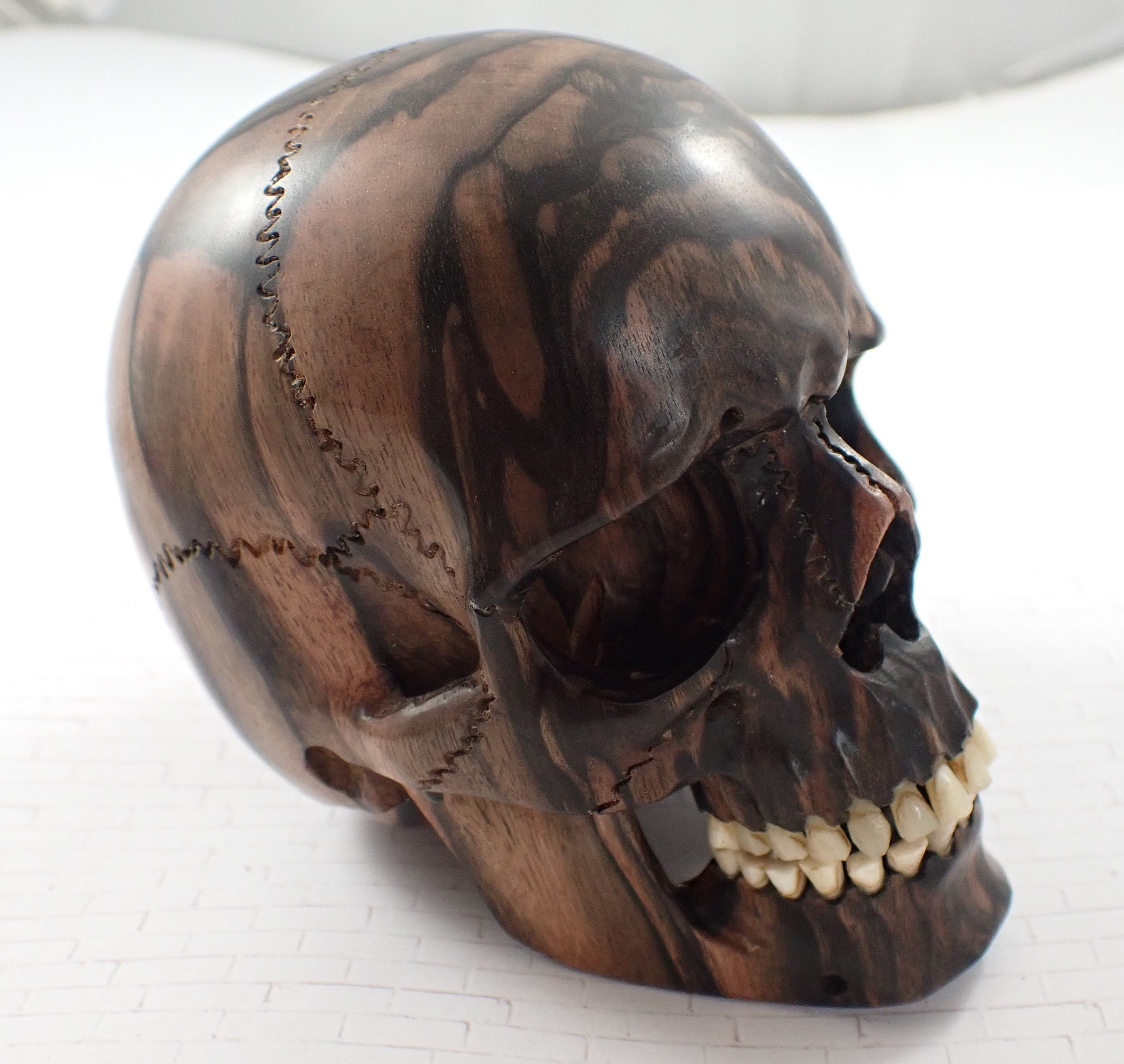 1 Charcoal Wood Skull Carving - Brown Striped Indonesian Hand