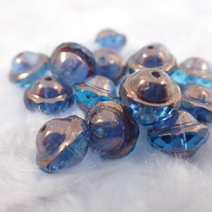 15 Stück Blaue Bronze Klare Tschechische Glasperlen - Saturn Untertassenförmig Durchscheinend - Facettierte Metallic Bronze - 10 mm Glas Saturn Perlen #S8278