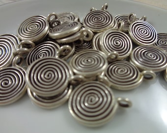 12 Pcs Silver Swirl Metal Beads - Thin Coin Shaped Beads - Swirl Texture Flat - 12x2mm Top Loop - Heavy Silver Metal Beads #S4912