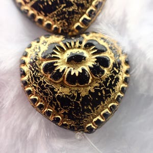 9 Pcs Black Gold Heart Flower Beads - Czech Glass Hearts Braided Edge - Black Gold Flower Beads - .75 Inch Black Glass Heart Beads #S8473
