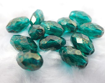 12 Pcs Emerald Green Gold Glass Beads - Oval Faceted AB Finish - 12x8mm Czech Glass Beads - Fire Polished Glass Beads - Green Gold #S8245