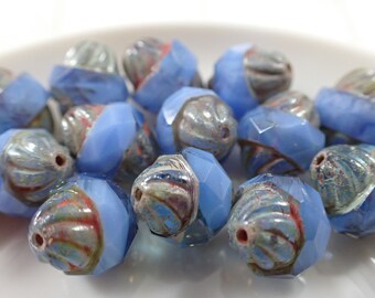 15 Pcs Cornflower Blue Turbine Czech Glass Beads - 12x10mm Saucer Bicones - Bright Blue Glass Beads - Firepolished Picasso Finish #S5920