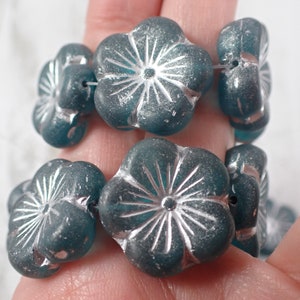 6 Pcs Teal Blue Hibiscus Flower Beads - Czech Glass Beads - Blue Matte Finish Silver Wash Beads - Pressed Glass Hibiscus Flower Beads #S8137