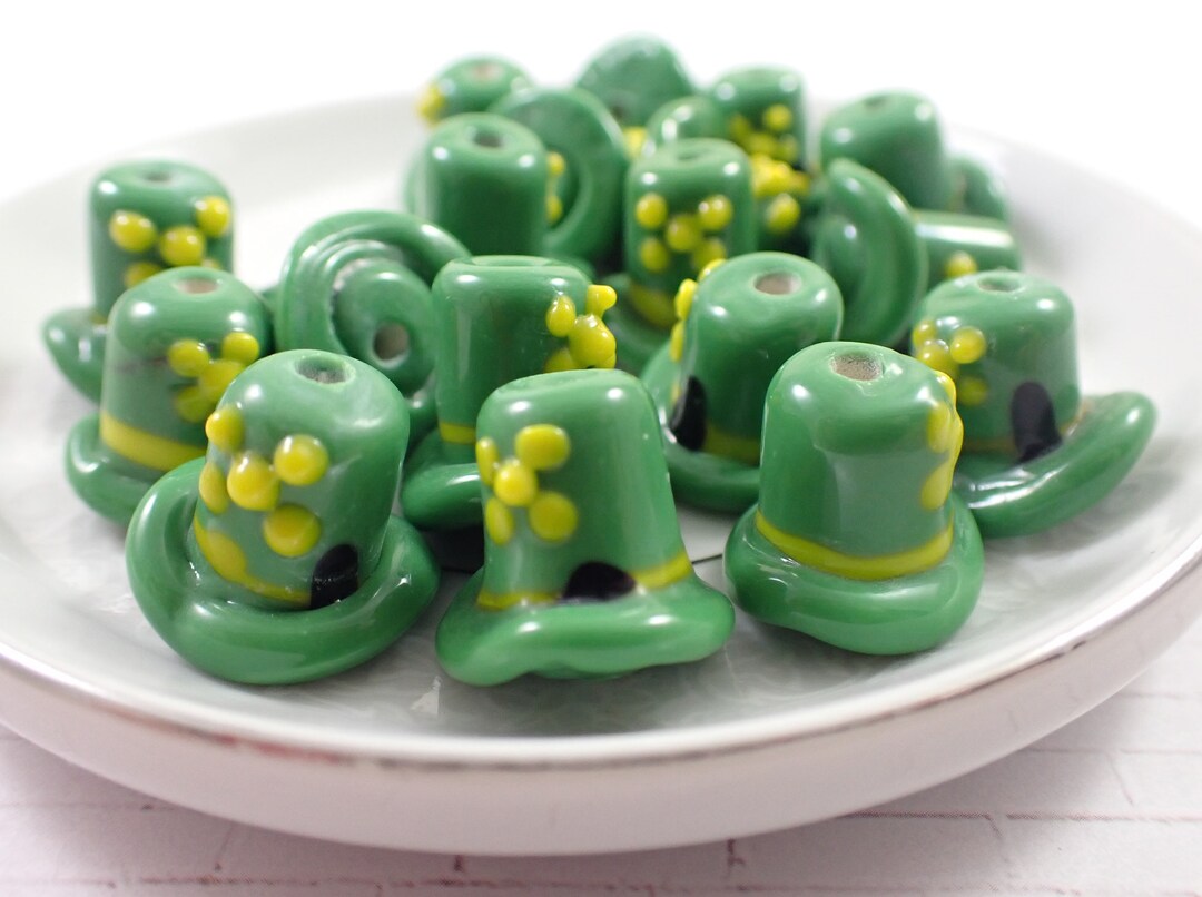 1 Piece Lampwork Glass Hat Bead St Patricks Day Green Glass Hat Yellow Black Green St Pattys Day