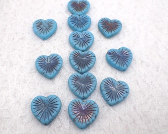 6 stuks hemelsblauwe zonnestraal hartkralen - Tsjechische persglaskralen - Flaming Heart Volcano Wash - 22 mm #S8543
