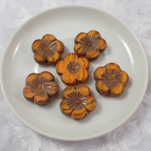 6 Pcs Orange Brown Hibiscus Flower Beads - Czech Glass Table Cut Beads - Large Glass Flowers - Burnt Orange Picasso Hibiscus Beads #S8080
