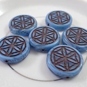 2 Pcs Cornflower Blue Flower of Life Coins - Brown Wash Matte Blue Beads - Czech Glass Table Cut Beads - Carved Flower of Life Beads #S6945
