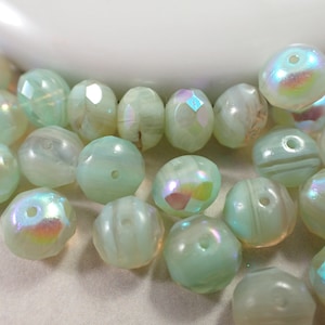 25 Pcs Seafoam Green Gray Czech Glass Fire Polished Beads - Rainbow AB Finish Partially Translucent - 9x6mm Faceted Green Glass Beads #S6441