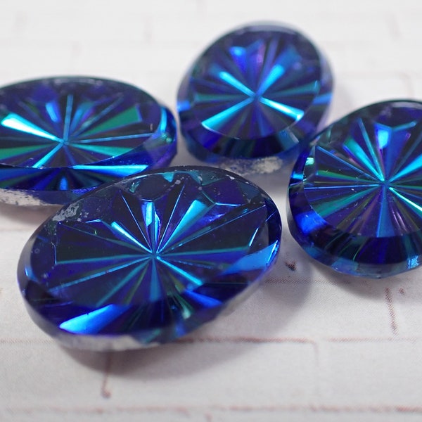 1 Piece Blue Green Vintage Glass Cabochon - Deep Blue Shiny Oval Cab - Vintage Glass Silver Textured Bottom - Flat Smooth Cabochons #S7338