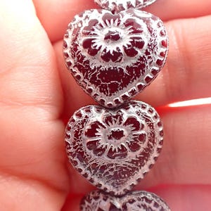 9 Pcs Deep Red Heart Flower Beads - Czech Glass Hearts Braided Edge - Red Silver Flower Beads - .75 Inch Red Glass Heart Beads #S8495