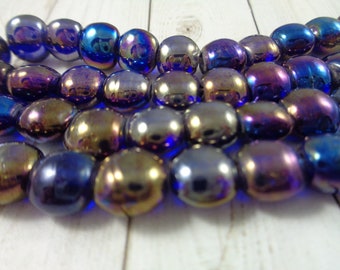 25 Cobalt Blue Rainbow Czech Glass Coin Shaped Beads 8x6mm Rainbow Blue Puffy Rondelle Coin Shaped Glass Beads Bright Blue Beads #S4230