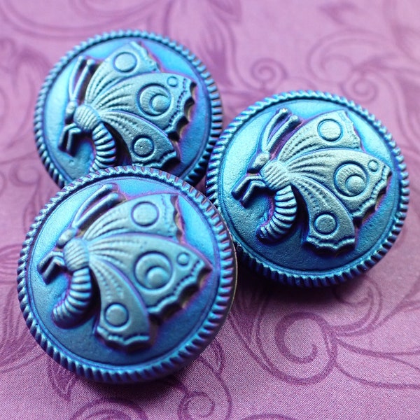 1 Piece Blue Butterfly Czech Glass Button - Black Purple Blue AB Finish - Butterfly Glass Button - 18x6mm Round AB Finish #T1988-Buttons