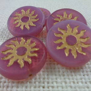2 Pink Gold Sun Coin Shaped Beads Czech Glass Pressed Glass Beads 22x5mm Round Flat Thick Coin Beads Matte Rosewood Gold Wash Beads #S3888
