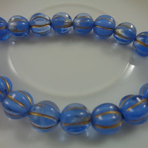 10 Round Fluted Melon Czech Glass Beads Periwinkle Blue Metallic Gold Wash 8mm Round Glass Beads Round Blue Gold Metallic Glass Beads #S3912