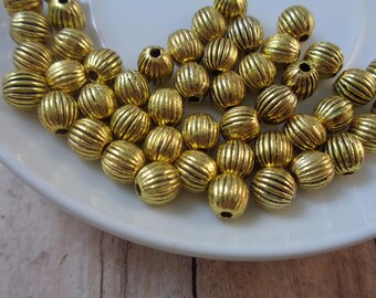 6 Antiqued Gold Striped Beads 6x5mm Round Striped Texture Gold Beads Large Holes Bright Metallic Beads Antique Gold Striped Texture #M1019