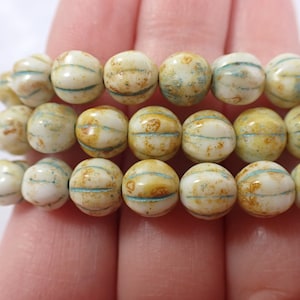 20 Pcs Beige Turquoise Melon Czech Glass Beads - Smooth Round Fluted Beads - Pressed Czech Glass Beads 8mm - Blue Yellow Glass Beads #S8150