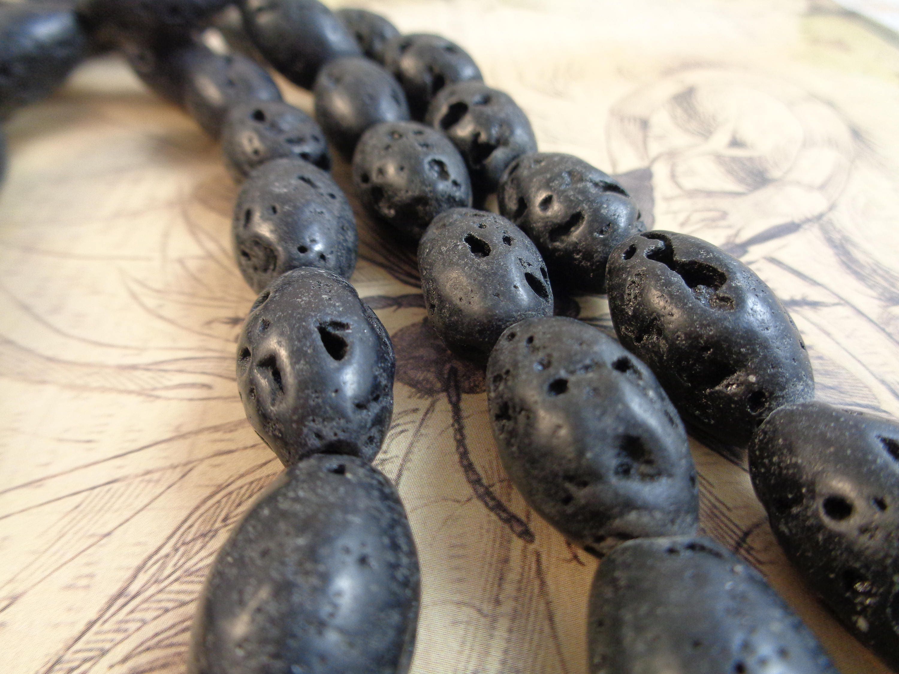 13 Jet Black Chunky Porous Drop Shaped Black Volcanic Rock Beads
