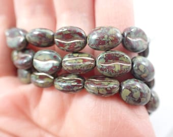 15 Pcs Green Red Gold Coffee Bean Glass Beads - Adorable Pressed Czech Glass Beads - 10x8x4mm Rounded Glass Beads - Coffee Beans #S8230