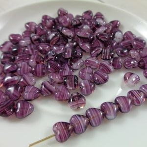 25 Adorable Little Purple White Striped Heart Shaped Glass Beads 6x6x3mm Flat Rounded Small Heart Shaped Purple Glass Heart Beads #S4592
