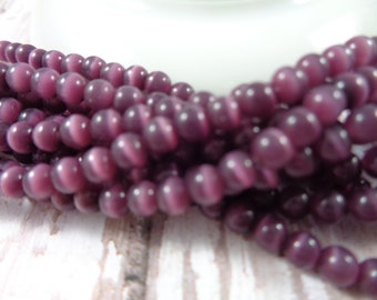 100 Pcs Small Dark Purple Cats Eye Beads - Round 4mm Satin Dark Purple Cat Eye - Shiny Cats Eye Glass Beads - Full 15.5" Strand #S5053
