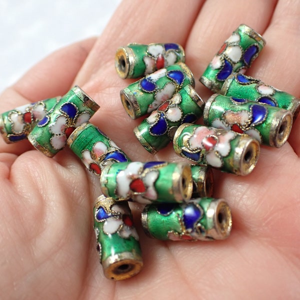 7 Pcs Green Gold Cloisonne Tube Beads - Floral Textured Metal Tube Beads - 14x7mm Short Tube Shaped Cloisonne Beads - Gold Metal #S8040