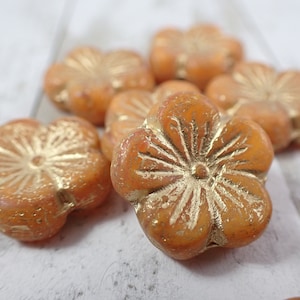 2 Pcs Orange Gold Hibiscus Glass Flower Beads - Czech Glass Table Cut Beads - Orange Etched Gold - Large Flower Shaped Hibiscus Beads #S8110