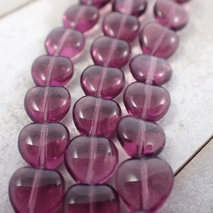 25 Purple Clear Heart Shaped Glass Beads - 8mm Rounded Small Heart Beads - Full Strand Clear Purple Glass Heart Beads #S7586