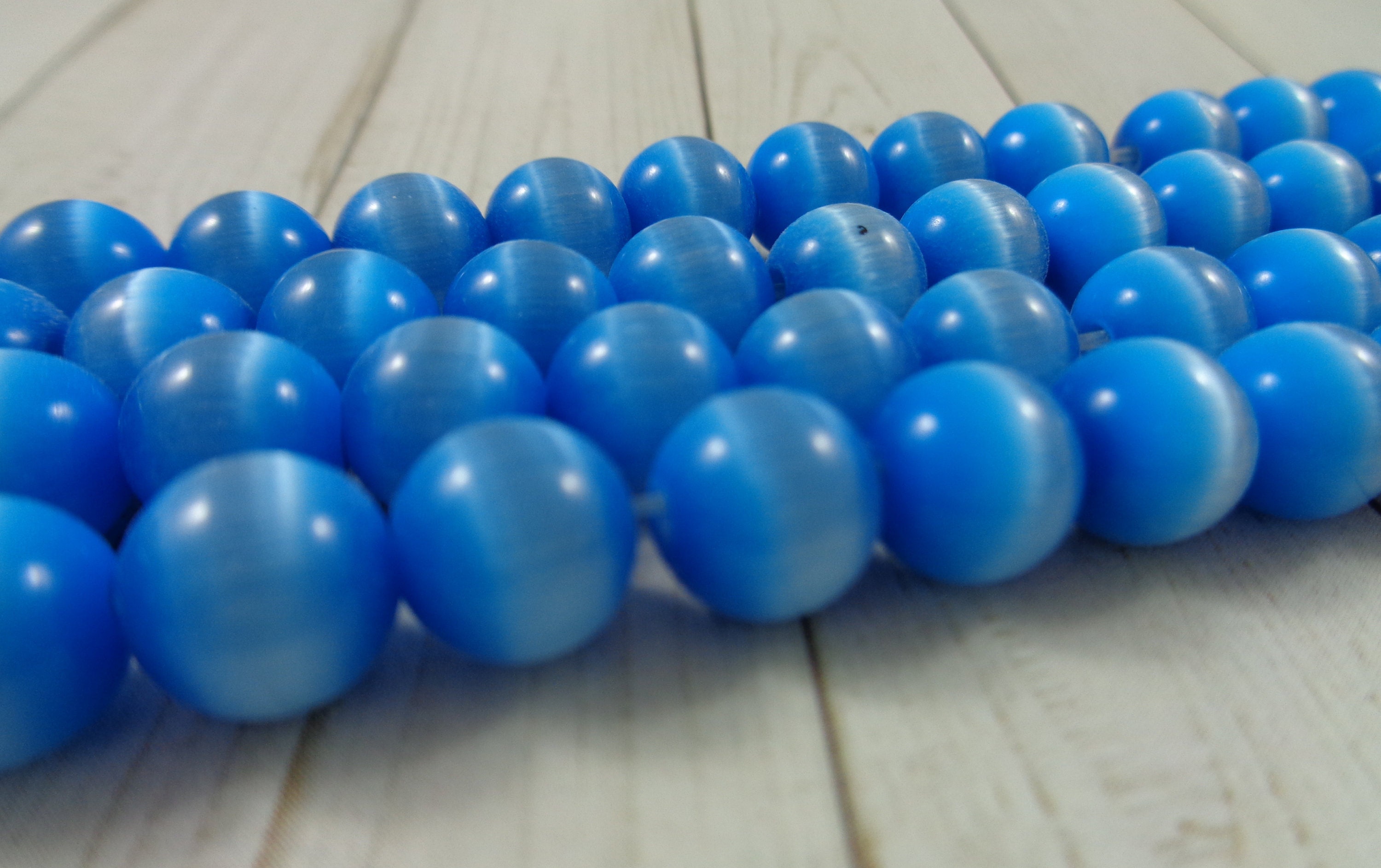 52 Ocean Blue Round Cat Eye Glass Beads 8mm Bright Blue Satin Etsy