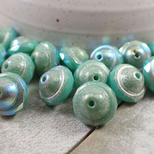 15 Pcs Sea Green Silver Czech Glass Beads - 10x8mm Saucer Shaped Beads - Aqua Blue Sea Green Silver Glass Beads - Fire Polished Bead #S6997