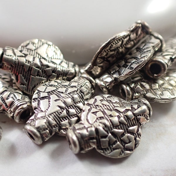 12 Pcs Silver Metal Beads - Textured Flat Round Beads - 16x12x4mm Dark Silver Metal Beads - Raised Texture Beads - Flat Silver Metal #S6450