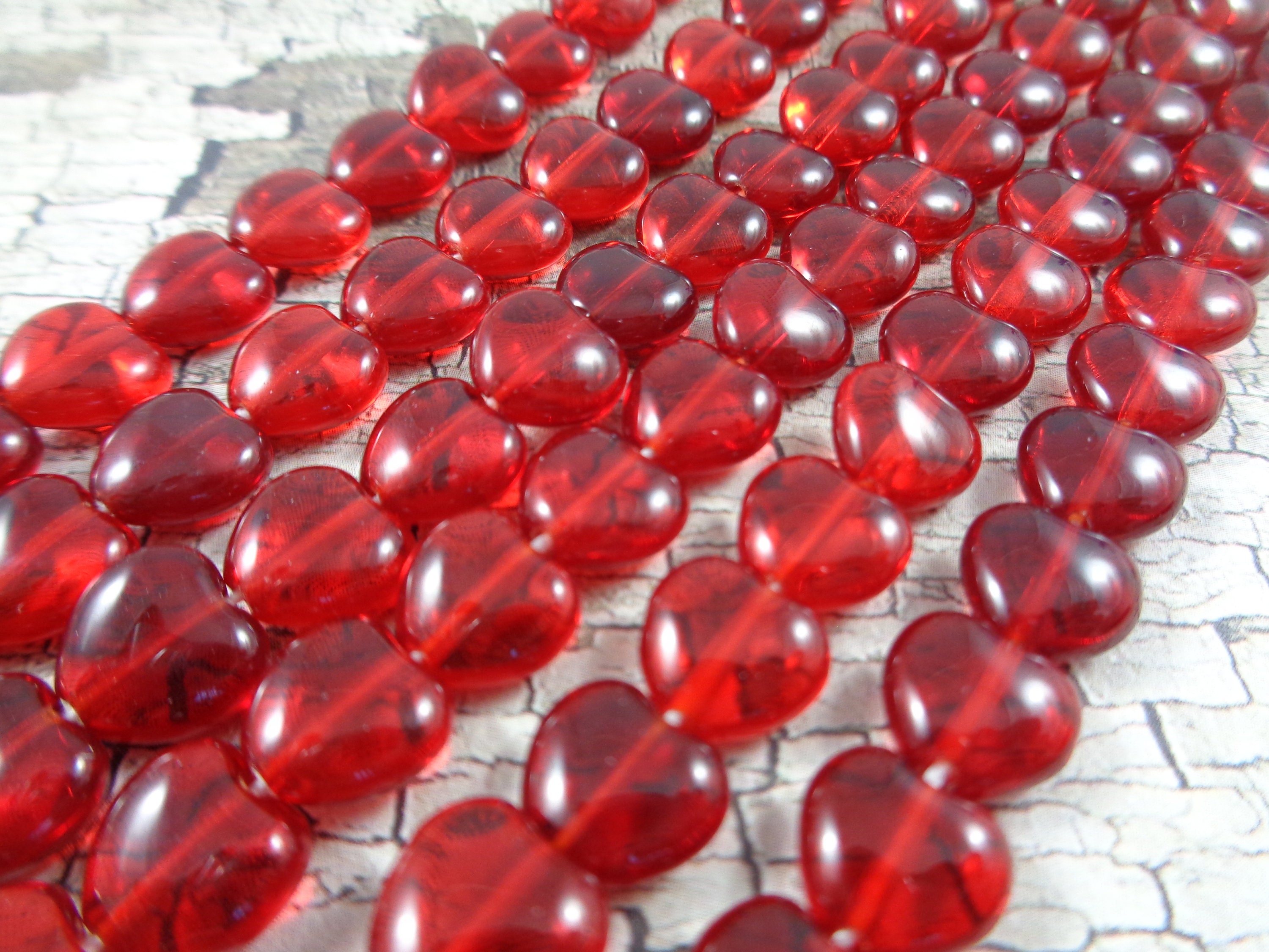 Lot of 6 Czech glass large heart beads - 16 x 15mm opaque red heart shaped  beads C0067