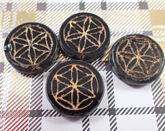 6 Pcs Black Czech Glass Flower of Life Coin Beads - Gold Wash Distressed Glass - Black Gold Carved Flower of Life Table Cut Beads #S6955