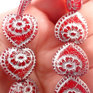 9 Pcs Bright Red Heart Flower Beads - Czech Glass Hearts Braided Edge - Red Silver Flower Beads - .75 Inch Red Glass Heart Beads #S8463