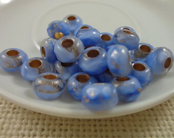 10 Blue Metallic Gold Czech Glass Roller Beads 9x6mm Large Hole Glass Beads Light Blue Gold Wash Big Hole Glass Beads Blue Gold Wash #S3899