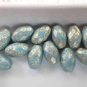 12 Pcs Sky Blue Gold Etched Czech Glass Beads - Oval Faceted 12x8mm Glass Beads - Opaque Sky Blue Etched Gold Wash Czech Glass Beads #S7012