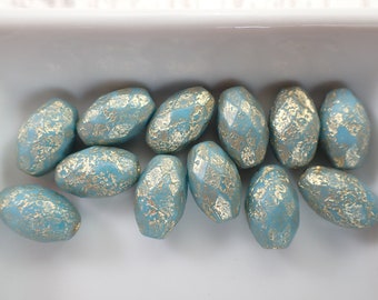 12 Pcs Sky Blue Gold Etched Czech Glass Beads - Oval Faceted 12x8mm Glass Beads - Opaque Sky Blue Etched Gold Wash Czech Glass Beads #S7012