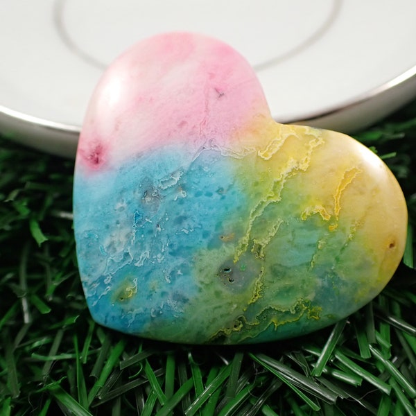 Rainbow Dyed Druzy Snow Agate Heart Cabochon - Crystal Druzy Rainbow Dyed Cabochon - 1.5 Inch Blue Yellow Green Pink Heart - Polished #S7906