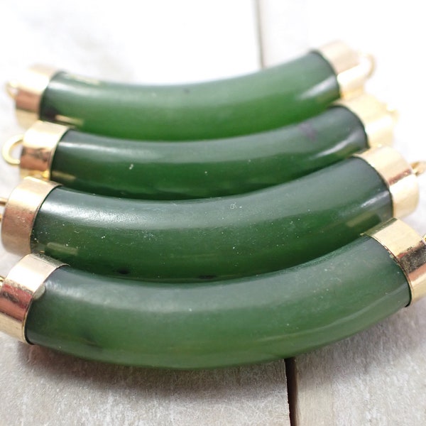 2 Pcs Green Nephrite Jade Connectors - Green Natural Crystal Connectors - Gold Metal Ends - Two hole Connectors - 40mm Green Jade #S7505