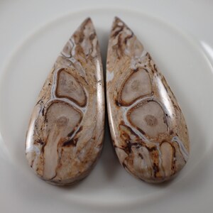 2 Pcs Ocean Jasper Teardrop Cabochons - Matching Pair Flat Back Cabs - No Hole Smooth Polished - Beige Tan White Neutrals - Jasper #S5881