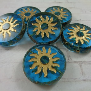 2 Pacific Blue Gold Sun Coin Shaped Beads Czech Glass Pressed Glass Beads 22x5mm Round Flat Thick Coin Beads Transparent Blue Gold #S3852