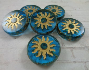 2 Pacific Blue Gold Sun Coin Shaped Beads Czech Glass Pressed Glass Beads 22x5mm Round Flat Thick Coin Beads Transparent Blue Gold #S3852