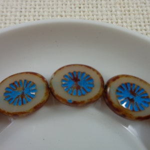 6 Beige Brown Turquoise Picasso Czech Glass Beads Flat Oval Table Cut Beads 14x12mm Flat White Brown Turquoise Wash Czech Glass Beads #S3919