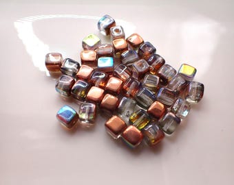 40 Pcs Copper Czech Glass Cube Beads - 4mm Copper Rainbow AB Finish - Pressed Glass Mini Cube Beads #S8534