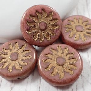 2 Pcs Pink Gold Luster Sun Coin Beads - Czech Pressed Glass Beads - 22x5mm Round Flat Thick Coin Beads - Bronze Wash Pink Sun Beads #S5797