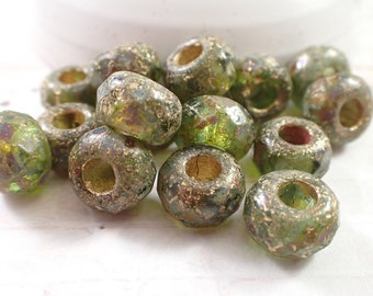15 Pcs Green Gold Czech Glass Roller Beads - Large Heavy Etched Glass Beads - 12x8mm Large Hole Glass Beads - Green Gold Rondelles #S6936