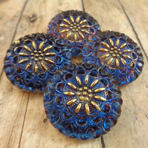 1 Bright Purple Blue Gold Flower Czech Glass Button 27mm Round Glass Button Gold Flower Sapphire Purple Button Czech Glass Bright #T1118